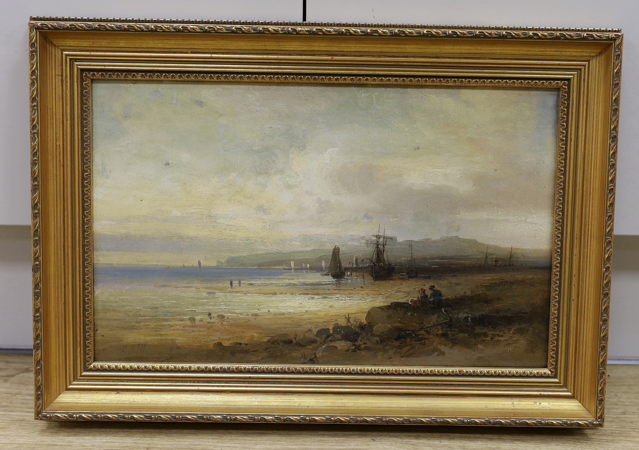 19th century English School, oil on canvas, Coastal scene at low tide, indistinctly signed, 24 x 39cm